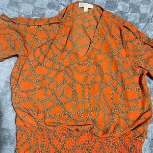 Michael Kors Orange V-Neck Chain-Print Blouse